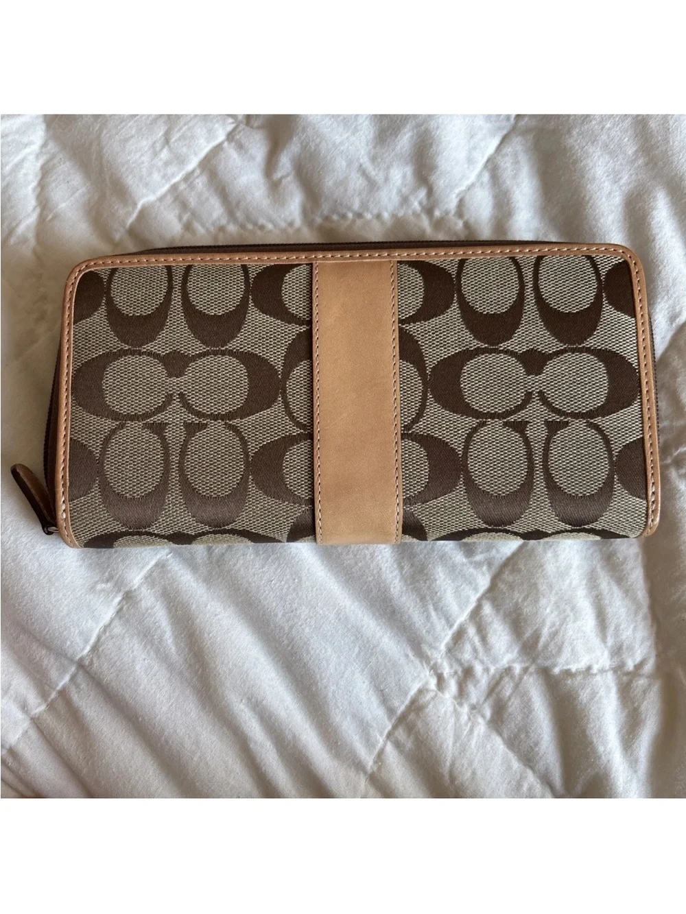 Coach Brown Signature Continental Zip Wallet with Tan Trim
